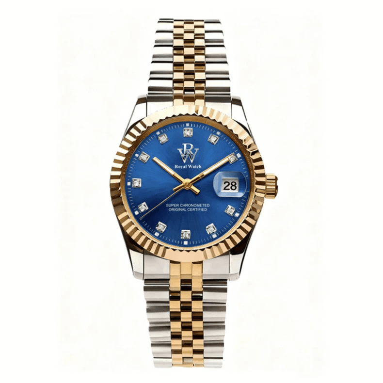 Ceas de mână argintiu cu auriu, cadran albastru, Royal Watch, RW 110/BLG