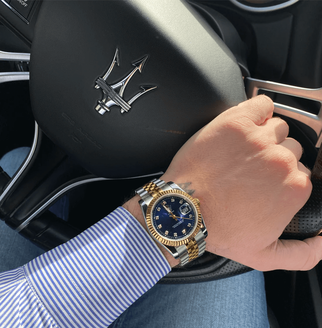 Ceas de mână argintiu cu auriu, cadran albastru, Royal Watch, RW 110/BLG