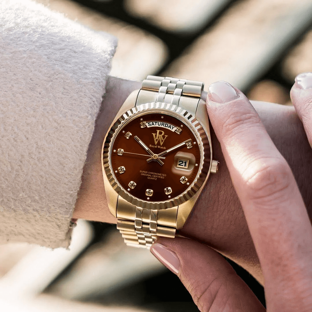 Ceas de mână auriu cu cadran maro, Royal Watch, RW 110/BRG