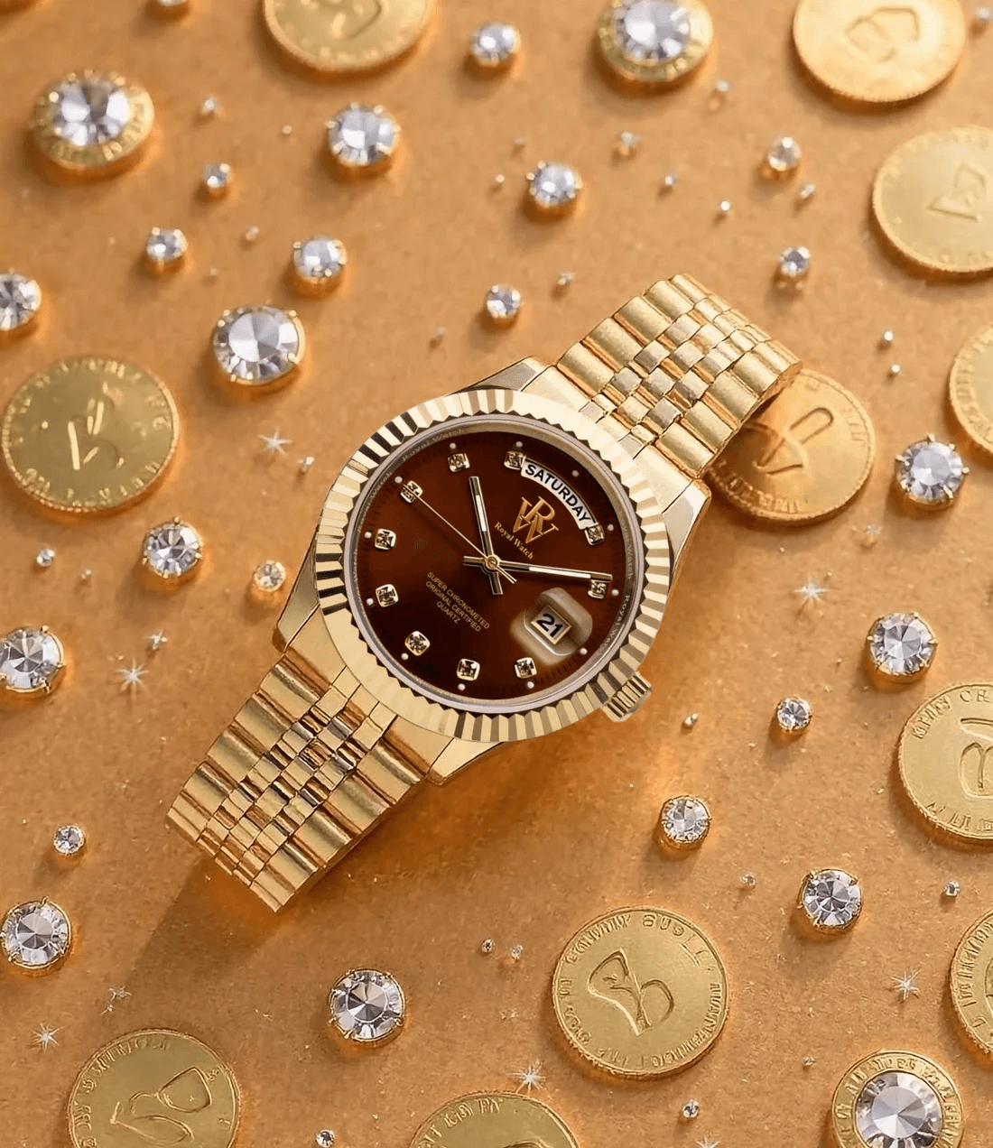 Ceas de mână auriu cu cadran maro, Royal Watch, RW 110/BRG