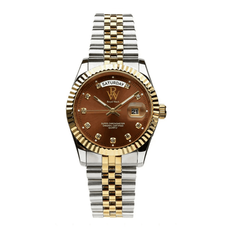 Ceas de mână argintiu cu auriu, cadran maro, Royal Watch, RW 110/BR
