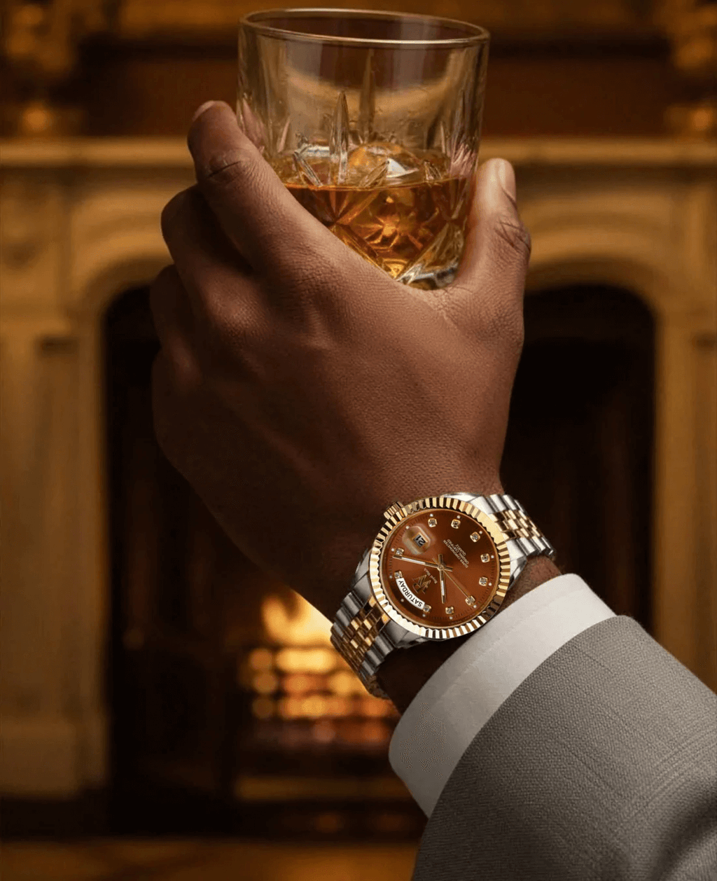 Ceas de mână argintiu cu auriu, cadran maro, Royal Watch, RW 110/BR