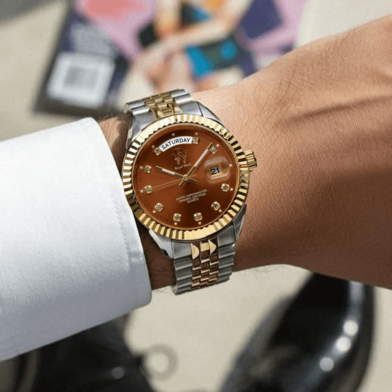 Ceas de mână argintiu cu auriu, cadran maro, Royal Watch, RW 110/BR