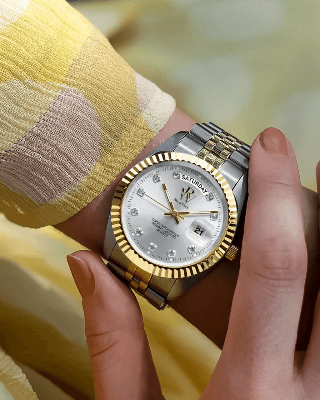 Ceas de mână de la Royal Watch, argintiu cu auriu, cadranu argintiu, RW 110/CH