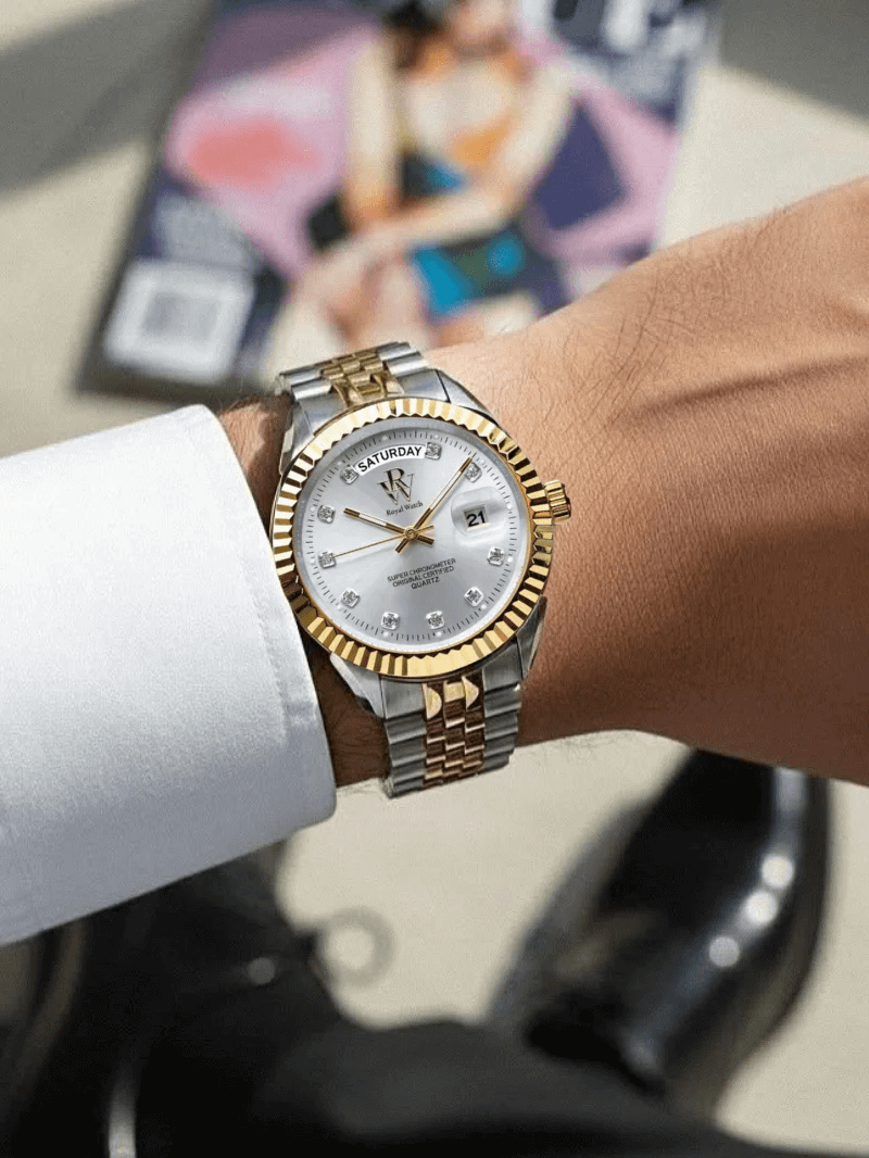 Ceas de mână de la Royal Watch, argintiu cu auriu, cadranu argintiu, RW 110/CH