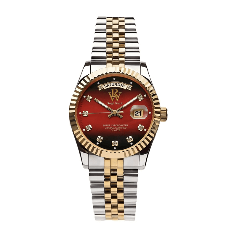 Ceas de mână cadran roșu, argintiu cu auriu, Royal Watch, RW 110/R