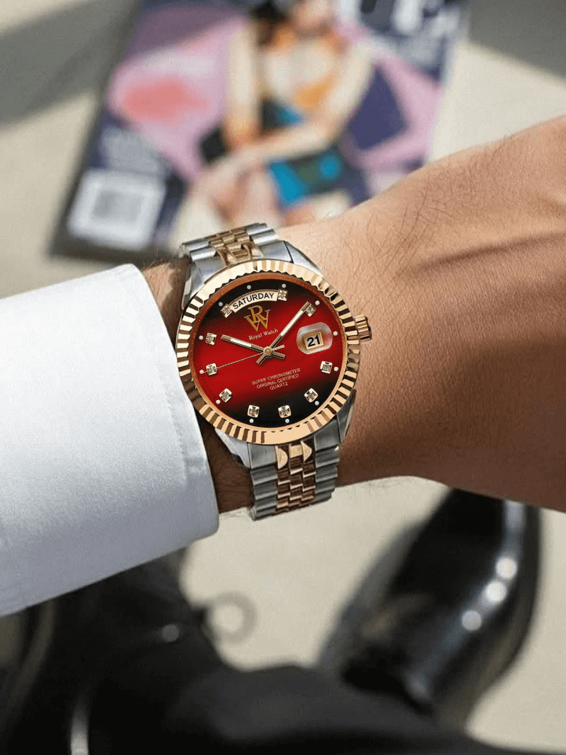 Ceas de mână cadran roșu, argintiu cu auriu, Royal Watch, RW 110/R