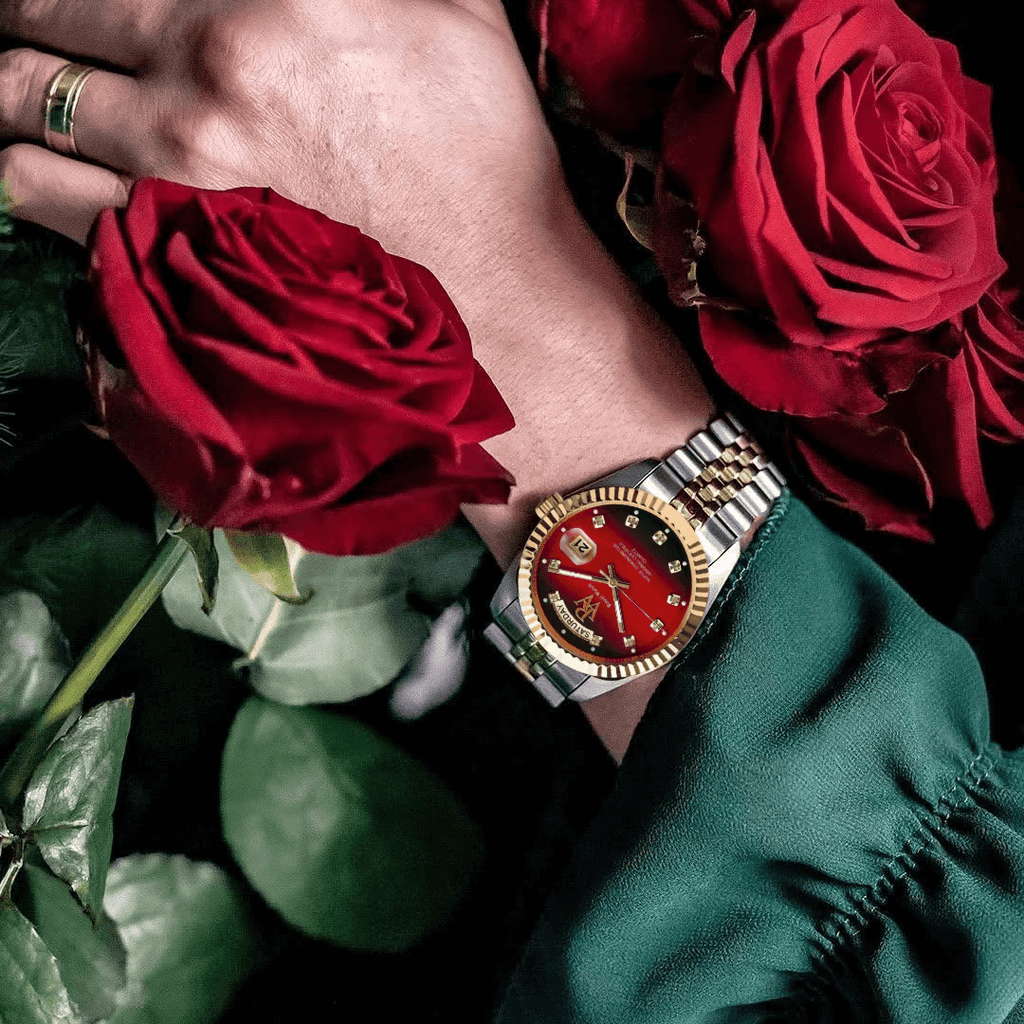 Ceas de mână cadran roșu, argintiu cu auriu, Royal Watch, RW 110/R