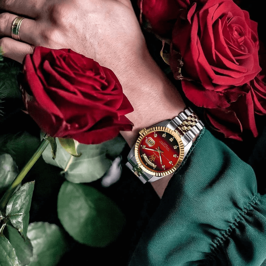 Ceas de mână cadran roșu, argintiu cu auriu, Royal Watch, RW 110/R