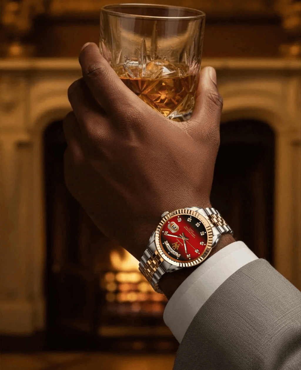 Ceas de mână cadran roșu, argintiu cu auriu, Royal Watch, RW 110/R