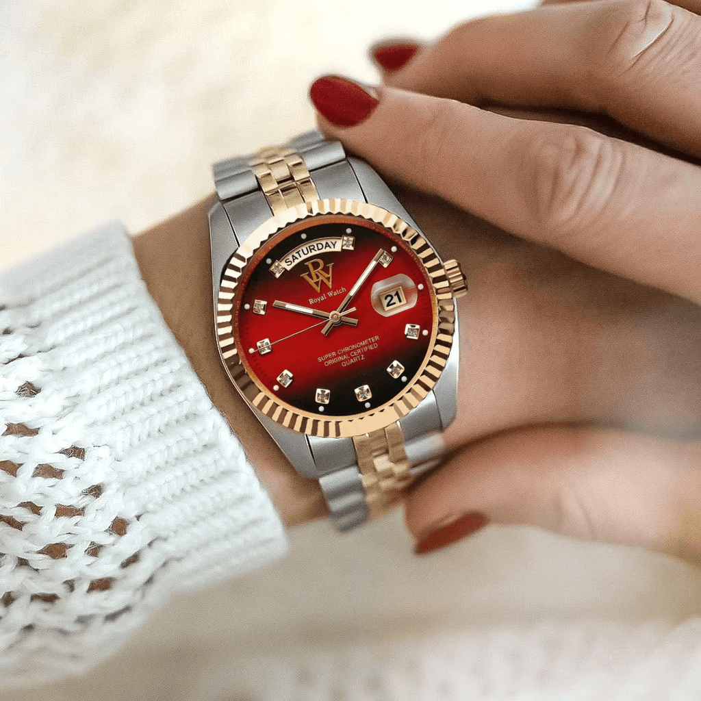 Ceas de mână cadran roșu, argintiu cu auriu, Royal Watch, RW 110/R