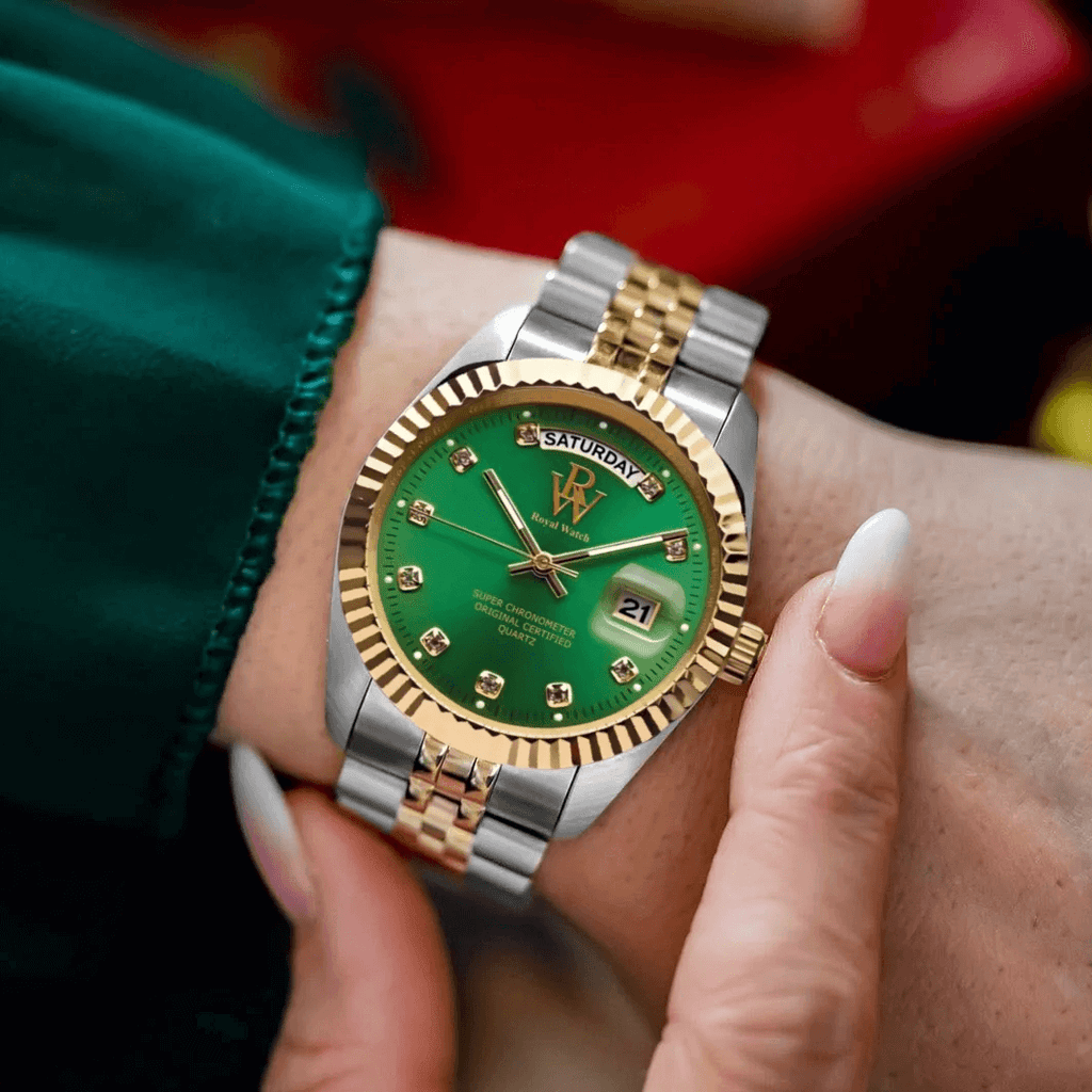 Ceas de mână argintiu și auriu, cadran verde, Royal Watch, RW 110/V