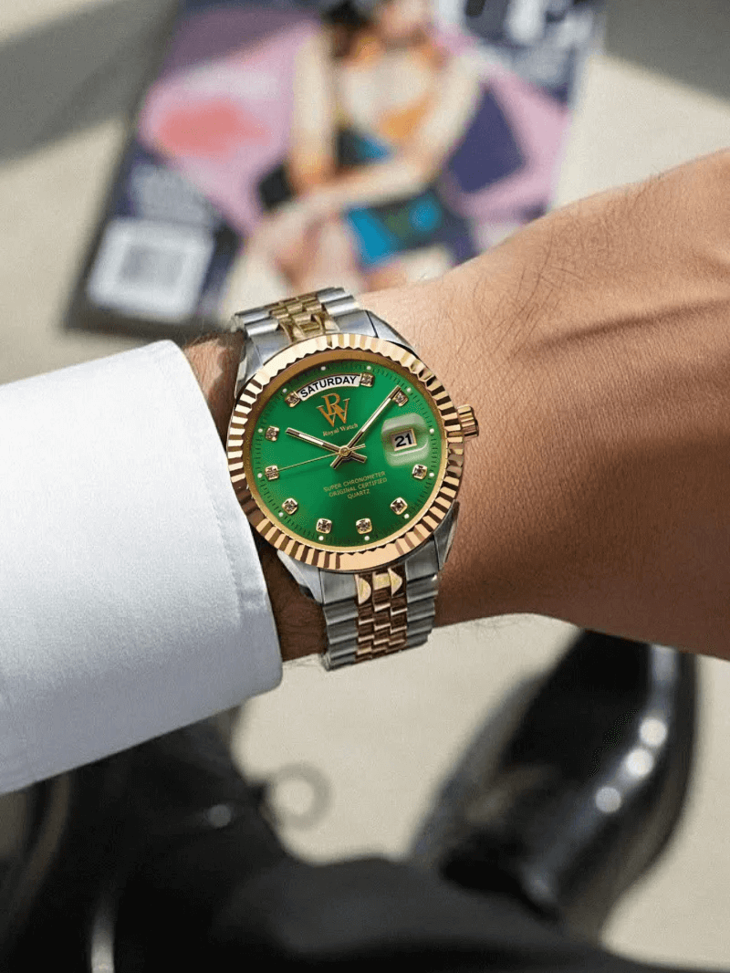 Ceas de mână argintiu și auriu, cadran verde, Royal Watch, RW 110/V