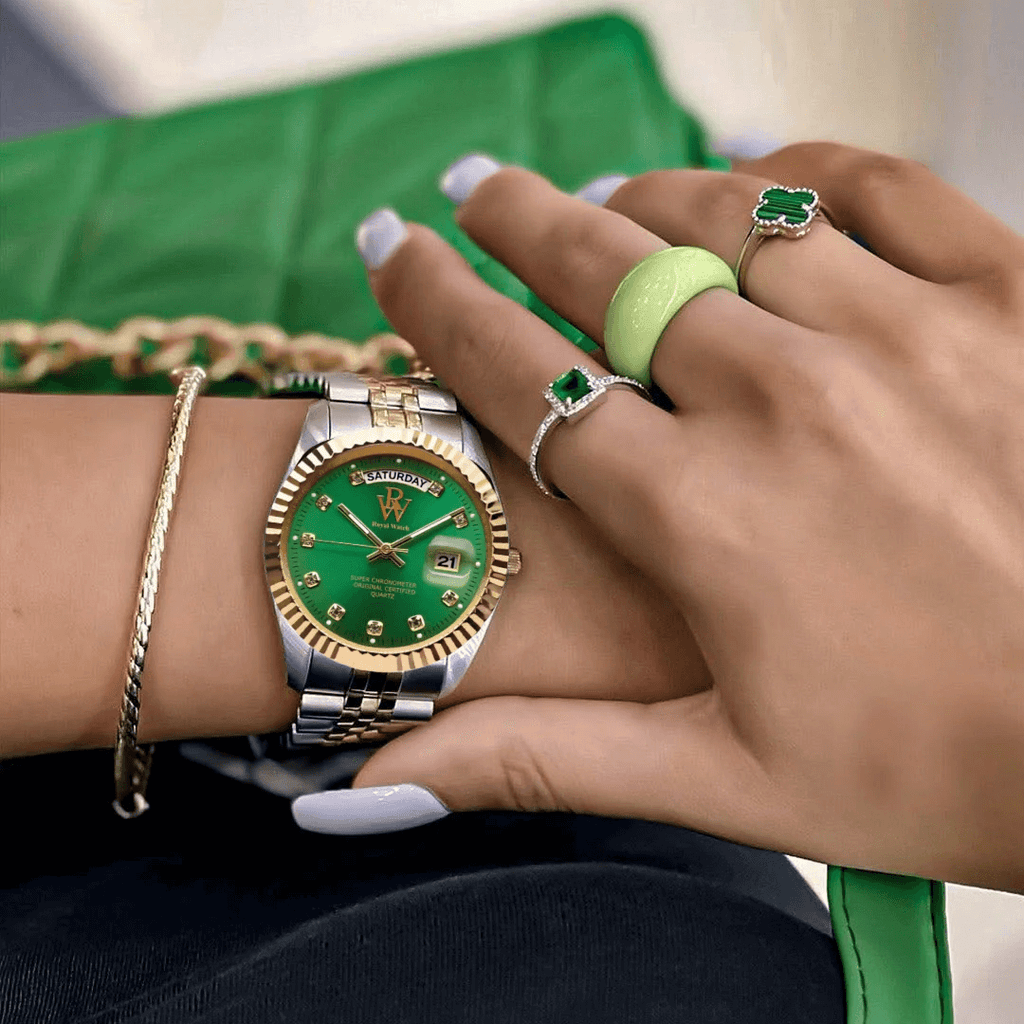 Ceas de mână argintiu și auriu, cadran verde, Royal Watch, RW 110/V