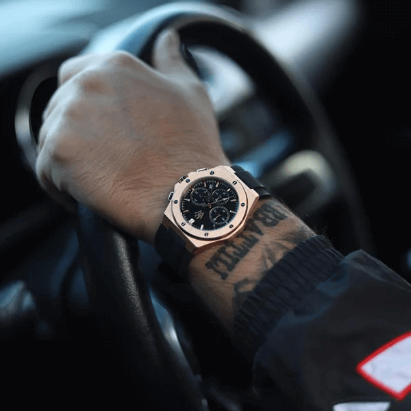 Ceas de mână gold-rose, interior negru, brățară de silicon, Royal Watch, RW 130 B/C