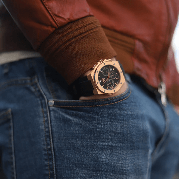 Ceas de mână gold-rose, interior negru, brățară de silicon, Royal Watch, RW 130 B/C