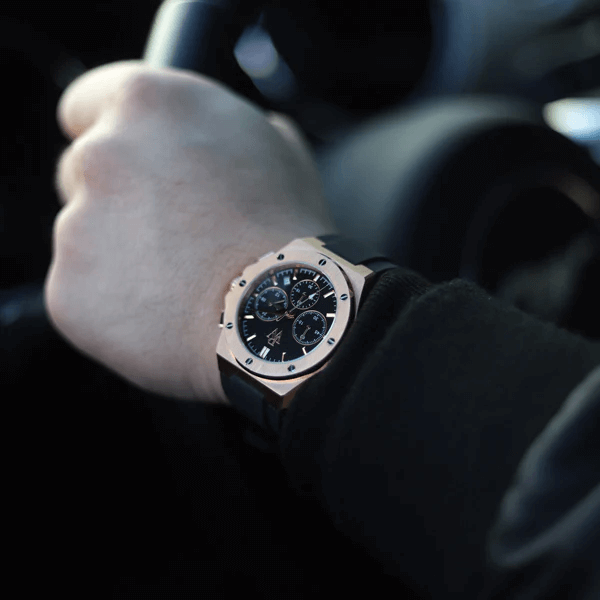 Ceas de mână gold-rose, interior negru, brățară de silicon, Royal Watch, RW 130 B/C