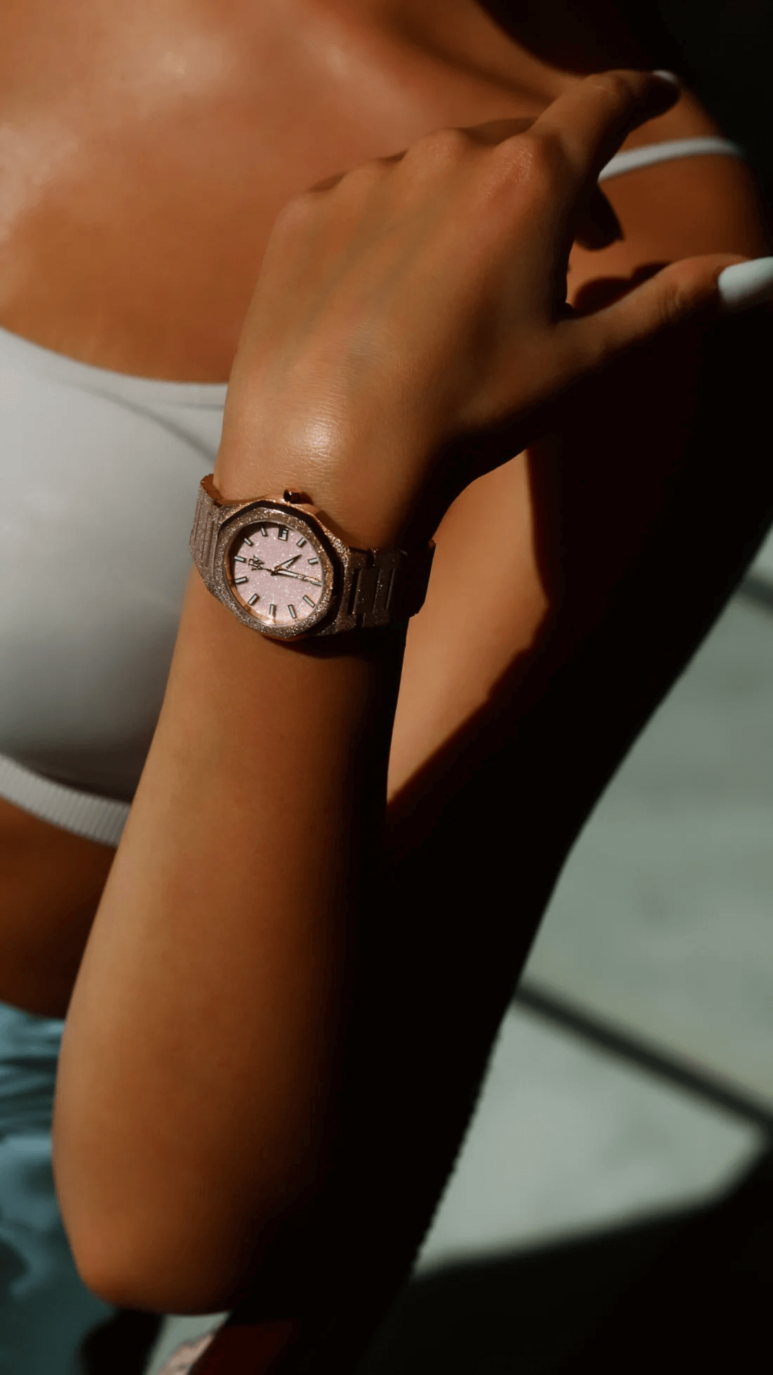 Ceas de mână pentru dame, auriu, cadran roz cu sclipici, Royal Watch, RW 132/G