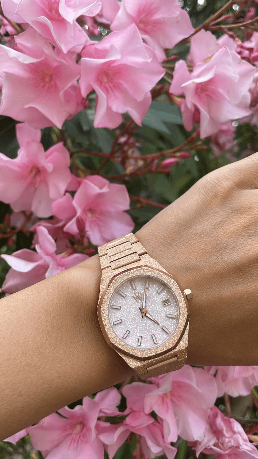 Ceas de mână pentru dame, auriu, cadran roz cu sclipici, Royal Watch, RW 132/G