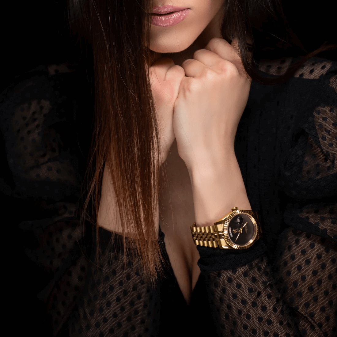 Ceas de mână auriu, cu cadran negru, fără numere, Royal Watch, RW 135/G