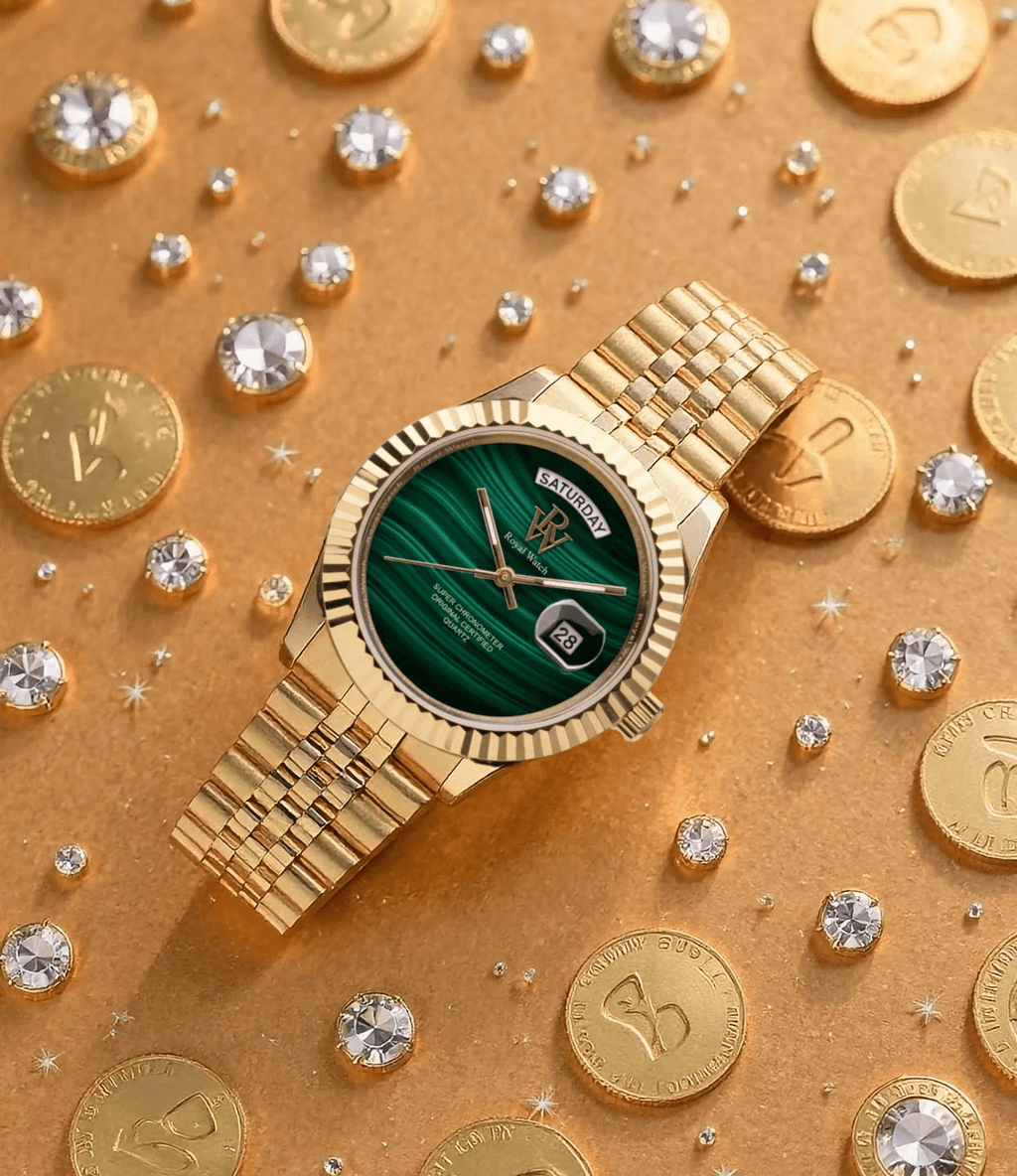 Ceas de mână auriu, din malachit, Royal Watch, RW 135/MG