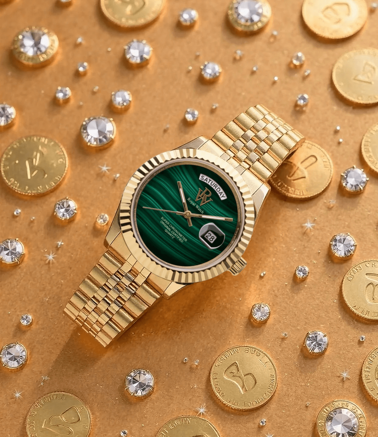 Ceas de mână auriu, din malachit, Royal Watch, RW 135/MG