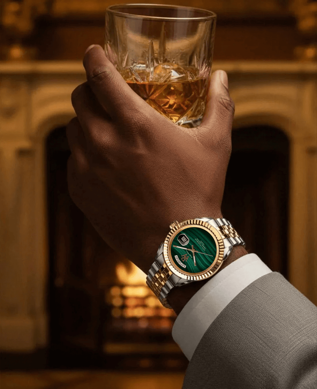 Ceas de mână argintiu cu auriu, cadran verde, Royal Watch, RW 135/M