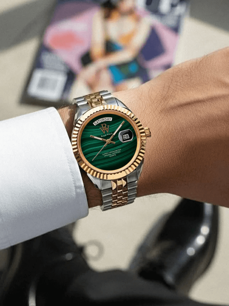 Ceas de mână argintiu cu auriu, cadran verde, Royal Watch, RW 135/M