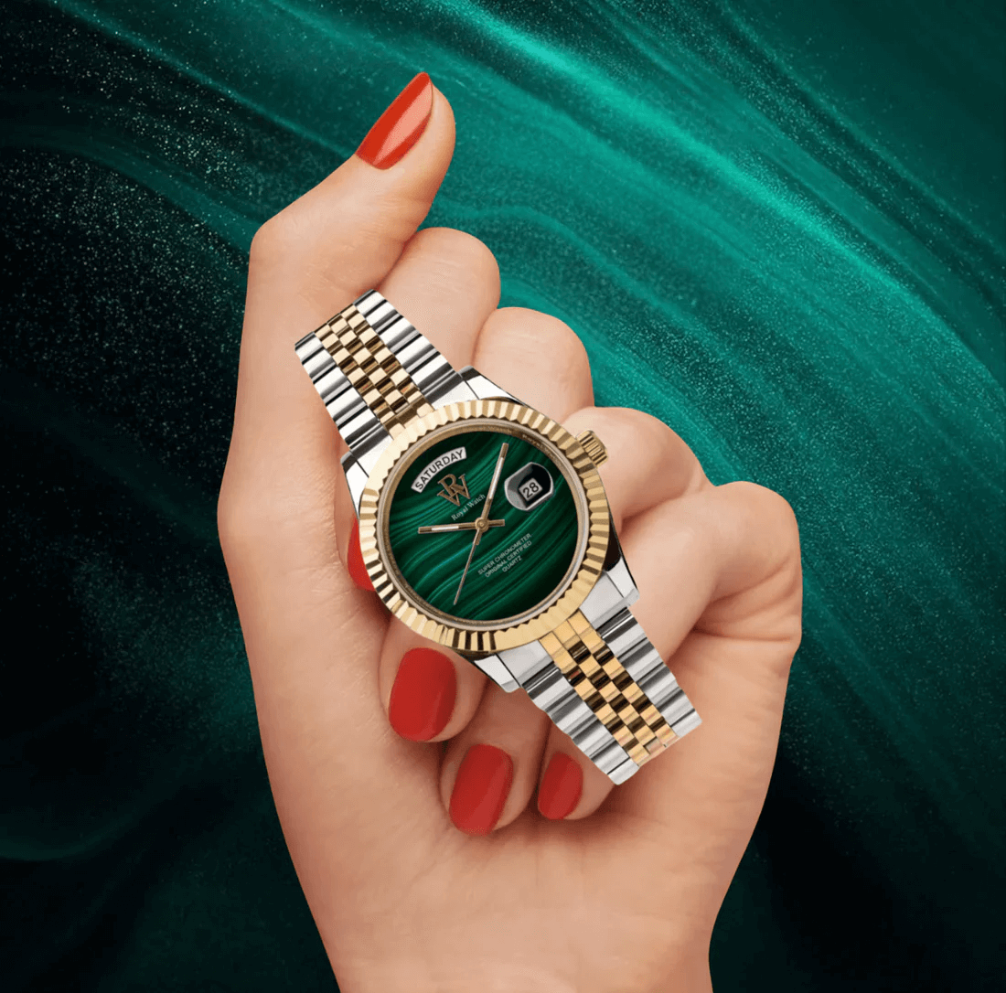 Ceas de mână argintiu cu auriu, cadran verde, Royal Watch, RW 135/M