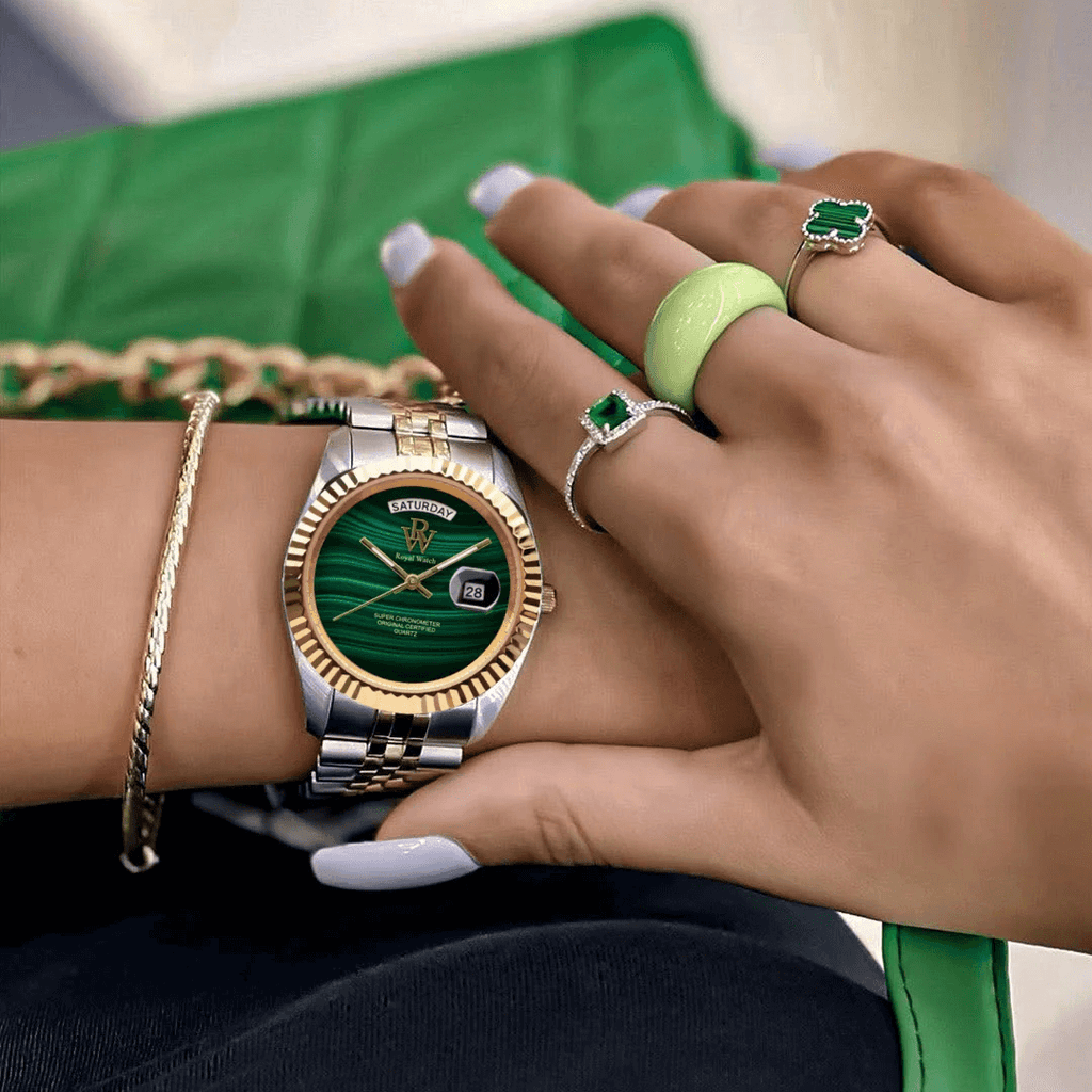 Ceas de mână argintiu cu auriu, cadran verde, Royal Watch, RW 135/M