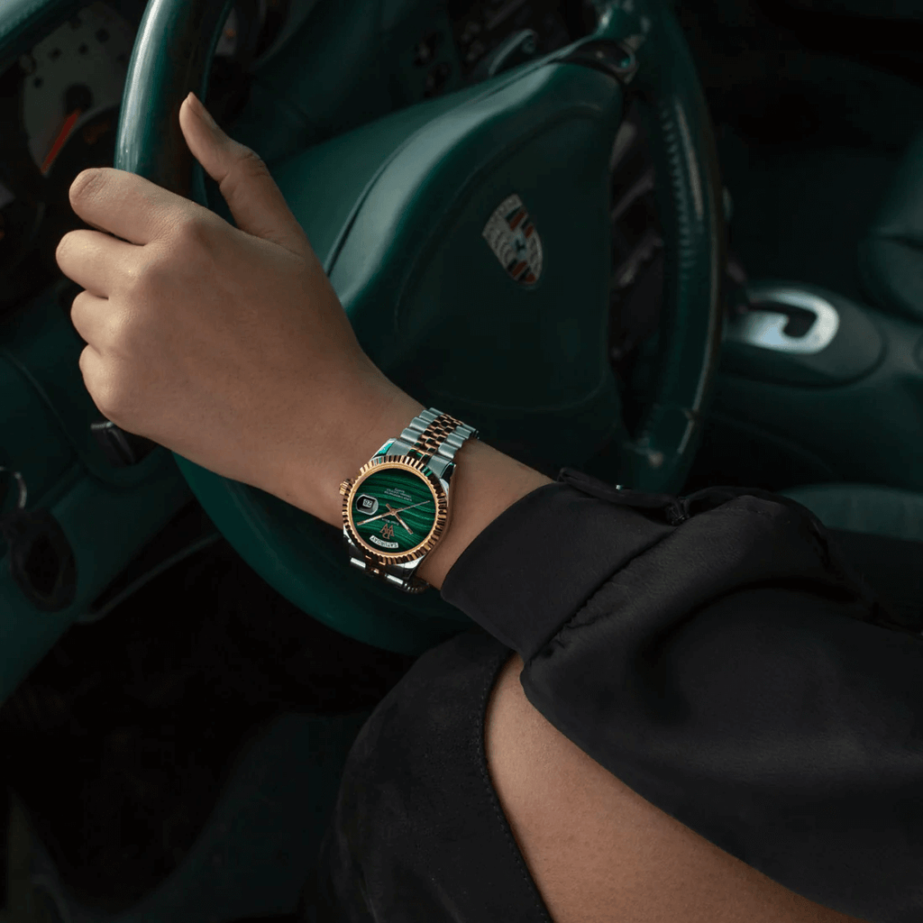 Ceas de mână argintiu cu auriu, cadran verde, Royal Watch, RW 135/M