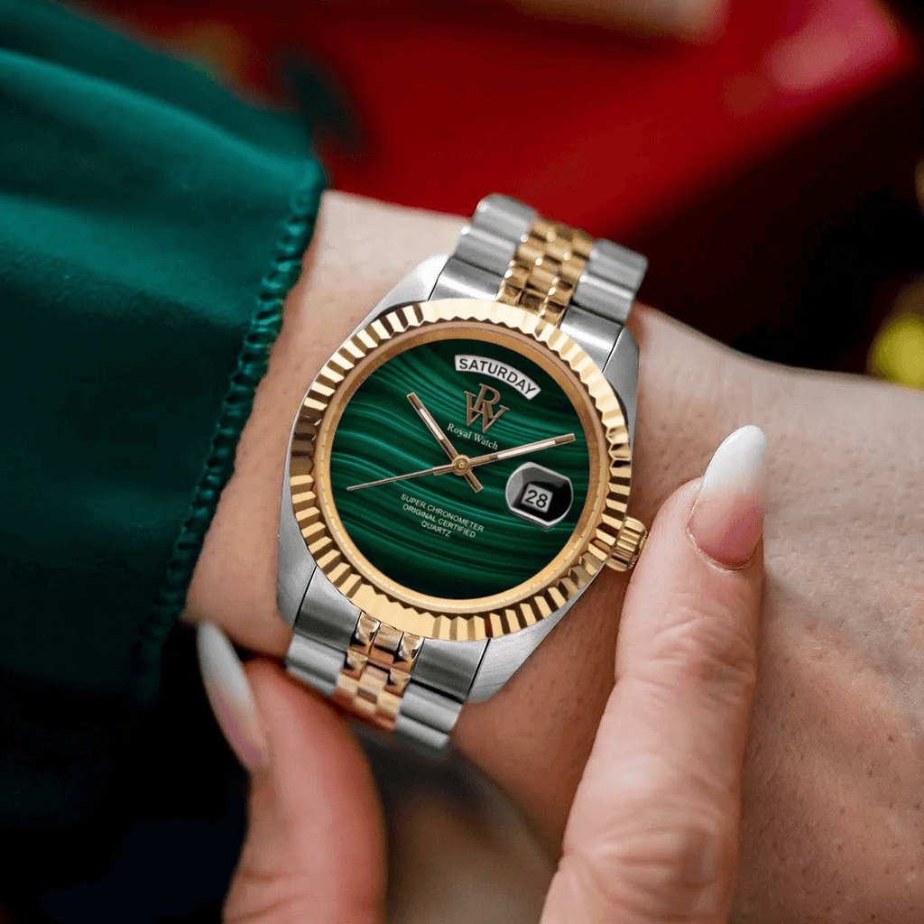 Ceas de mână argintiu cu auriu, cadran verde, Royal Watch, RW 135/M