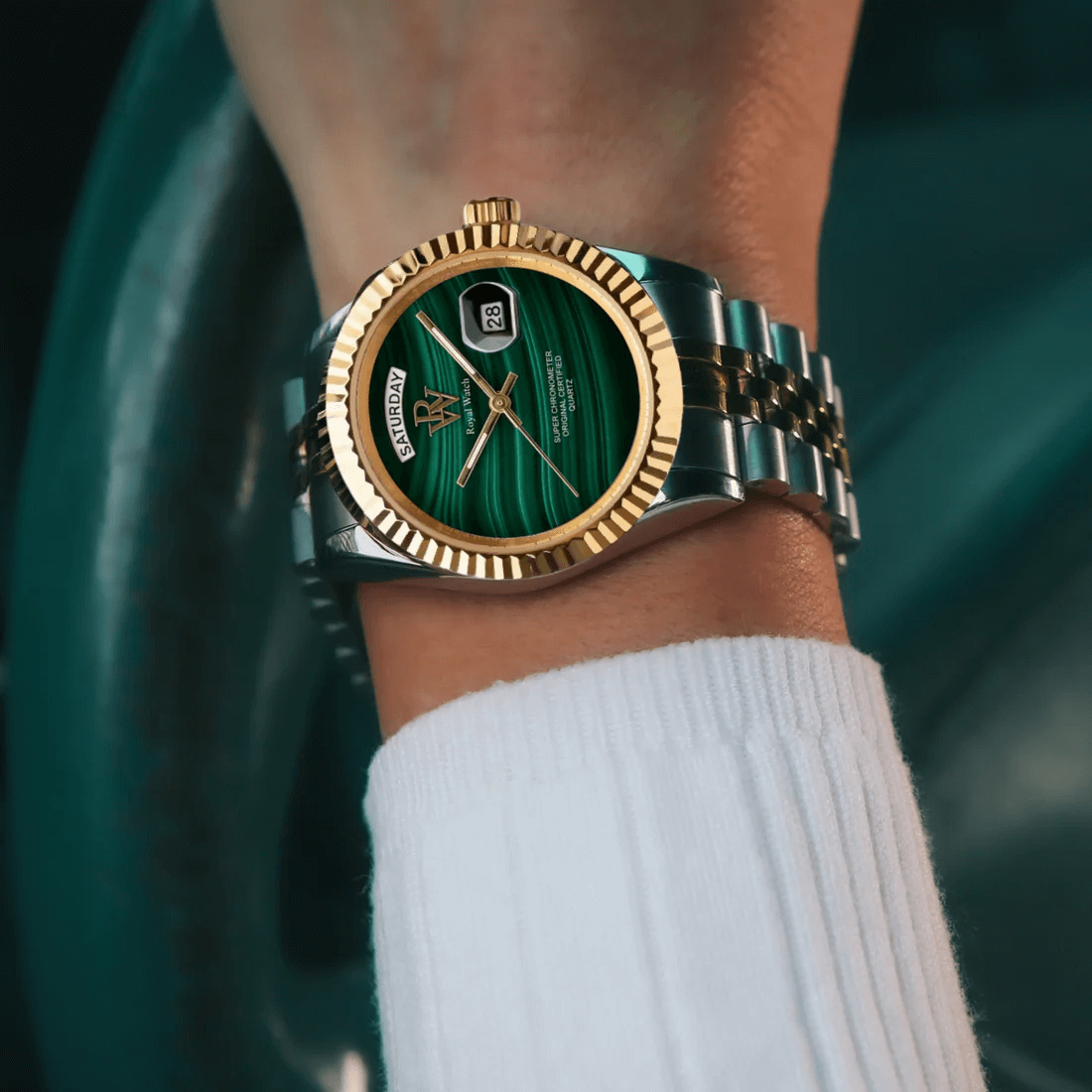 Ceas de mână argintiu cu auriu, cadran verde, Royal Watch, RW 135/M